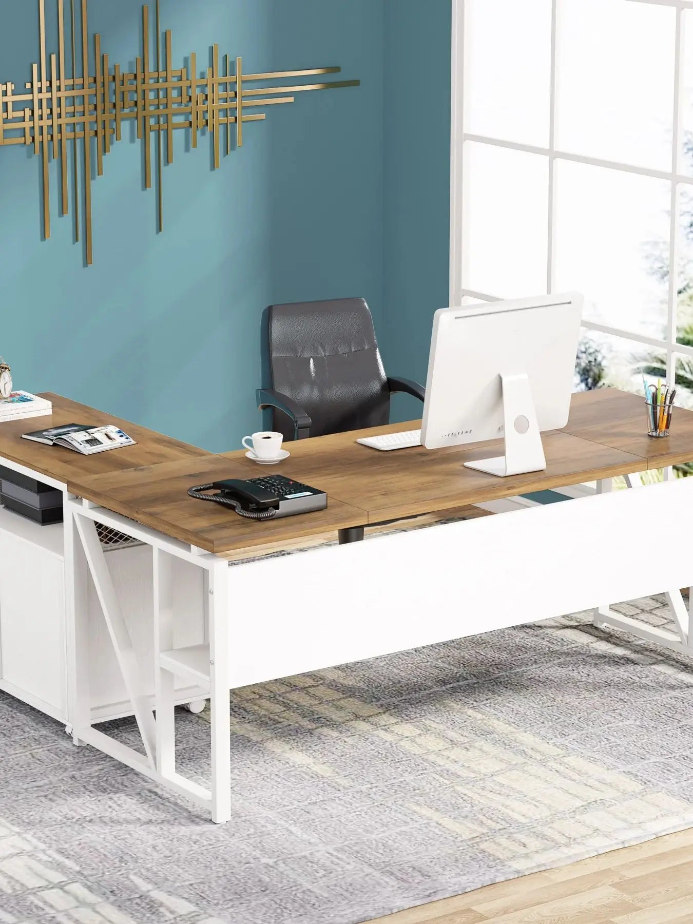 MonoWood 63 inches Computer Desk with Bottom Stoage Shelf Home Office Desk Writing Table for Workstation,Dark Walnut + Steel L