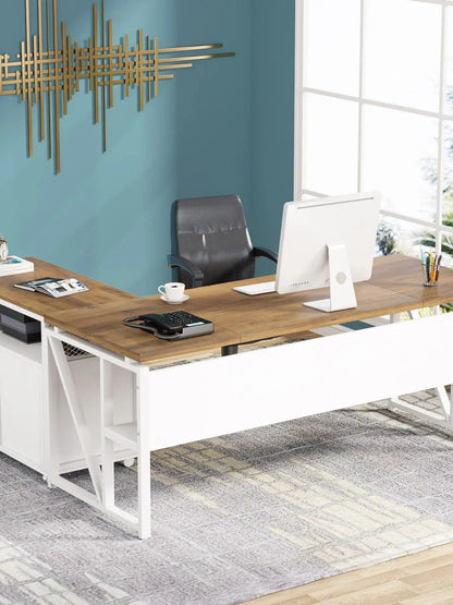 MonoWood 63 inches Computer Desk with Bottom Stoage Shelf Home Office Desk Writing Table for Workstation,Dark Walnut + Steel L