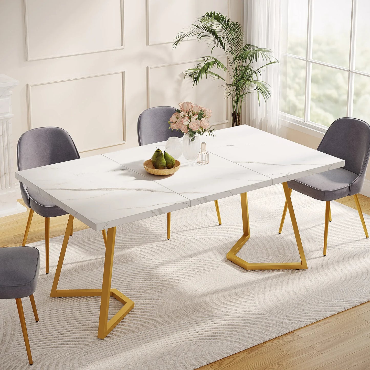 MonoWood Gold Dining Dinner Table: 55 Inches Modern White Dining Room Table with Golden Legs, Faux Marble Kitchen Table for 6