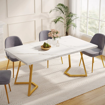 MonoWood Gold Dining Dinner Table: 55 Inches Modern White Dining Room Table with Golden Legs, Faux Marble Kitchen Table for 6