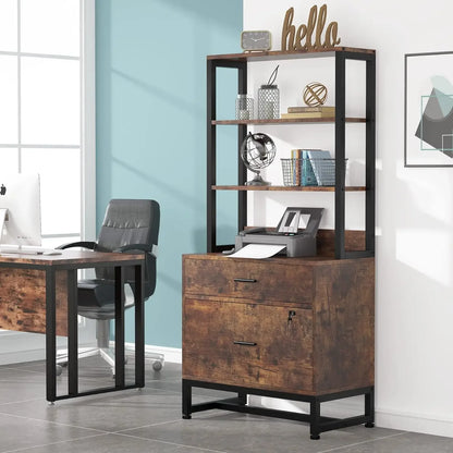 MonoWood 2 Drawer Vertical File Cabinet with Lock & Bookshelf Large Modern Filing Cabinet Printer Stand