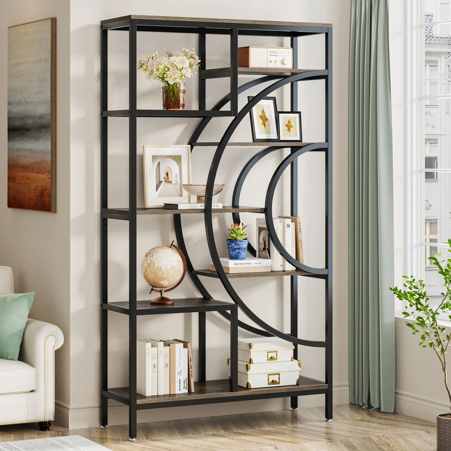 MonoWood 71 inches Geometric Bookcase, 8-Tiers Bookshelves, Rustic Bookcase with Metal Frame, Freestanding Open Shelving