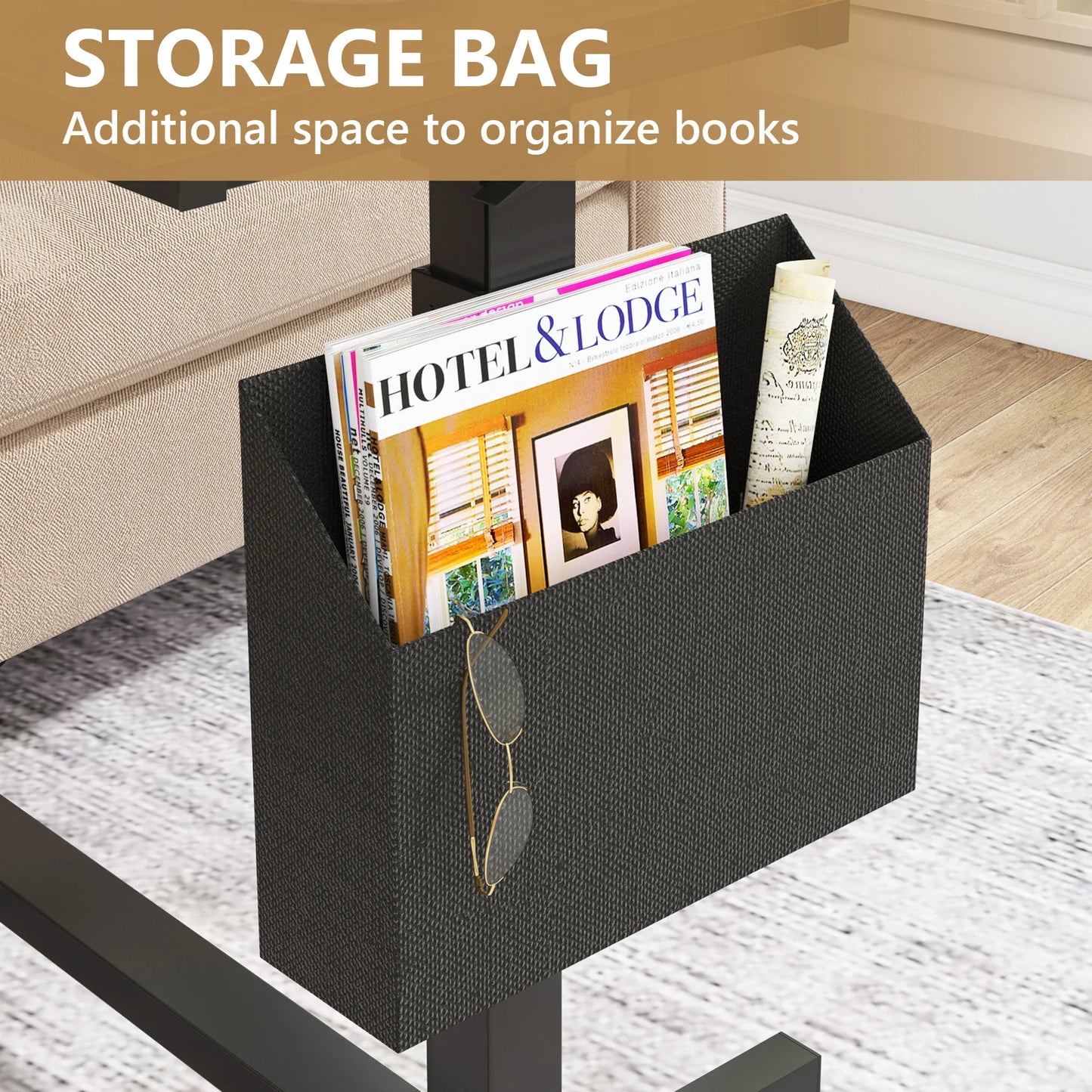 MonoWood Height Adjustable C Shaped End Table with Wheels and Side Pocket, Mobile Sofa Snack Table with Tiltable Drawing Board