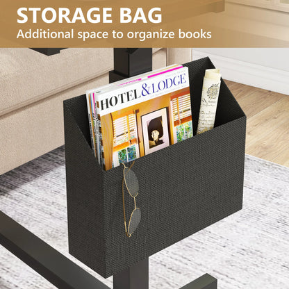 MonoWood Height Adjustable C Shaped End Table with Wheels and Side Pocket, Mobile Sofa Snack Table with Tiltable Drawing Board