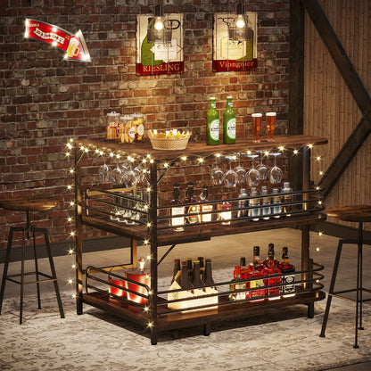 MonoWood L-Shaped Home Bar Unit, 3 Tier Liquor Bar Table with Storage Shelves and Wine Glasses Holder
