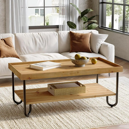 47.24-Inch Solid Wood Coffee Table, 2-Tier Rectangular Center Table with Curved Metal Legs, Industrial Coffee Desk for Living Ro