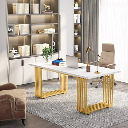 MonoWood 70.9" Modern Office Desk, Wooden Computer Desk, White Executive Desk with Gold Metal Legs, Small Conference Table