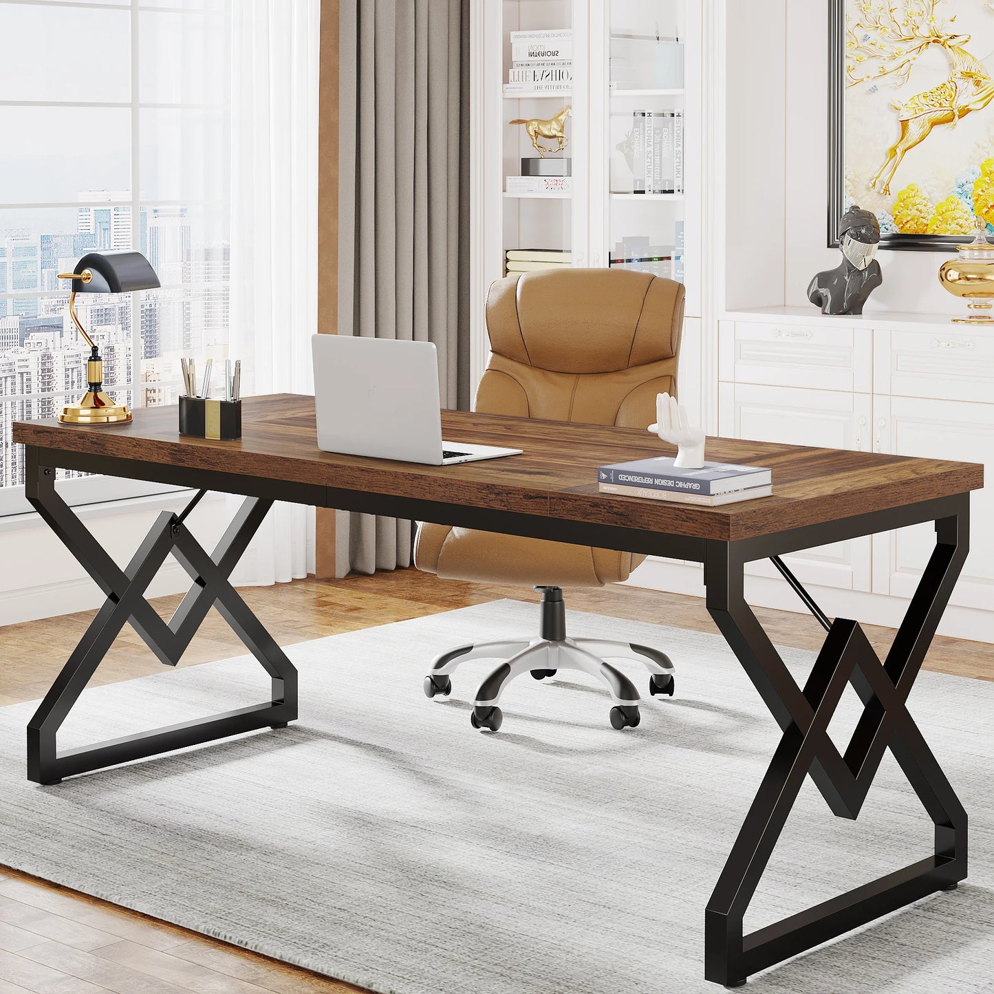 MonoWood 63" Large Industrial Executive Desk with Extra Thickened Tabletop & Metal Frame, Heavy-Duty Home Office Desk