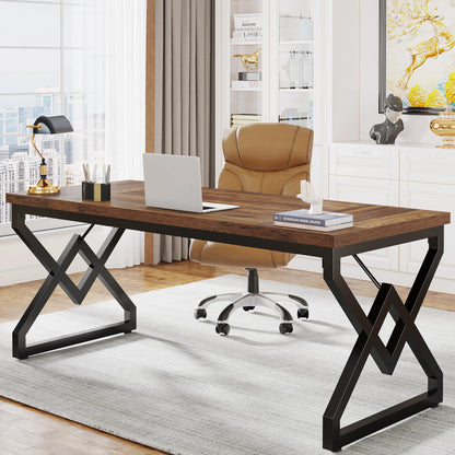 MonoWood 63" Large Industrial Executive Desk with Extra Thickened Tabletop & Metal Frame, Heavy-Duty Home Office Desk