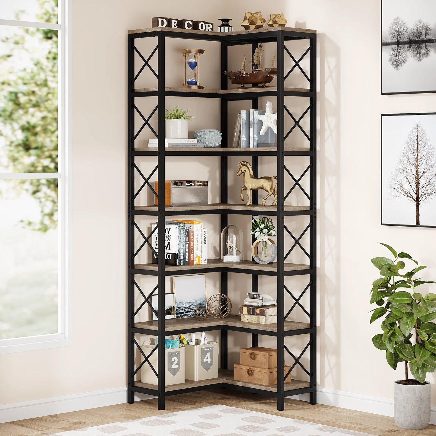 MonoWood 7-Shelf Corner Bookshelf,Large Modern Corner Bookcase, 7-Tier Tall Corner Shelf Storage Display Rack with Metal Frame