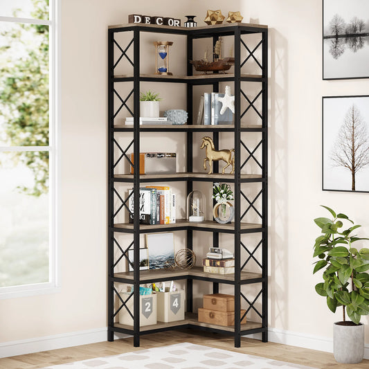 MonoWood 7-Shelf Corner Bookshelf,Large Modern Corner Bookcase, 7-Tier Tall Corner Shelf Storage Display Rack with Metal Frame