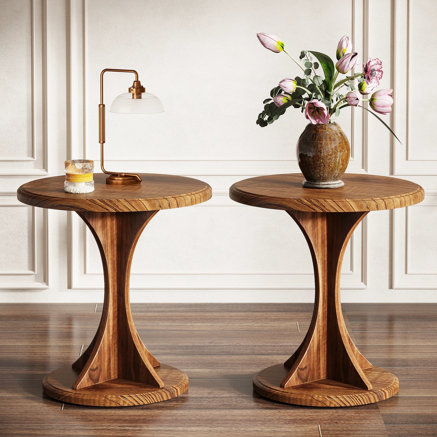 MonoWood Round End Side Table: Wood Small Sofa Chair Side Table for Living Room, Mid-Century Bedside Nightstand for Bedroom