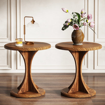 MonoWood Round End Side Table: Wood Small Sofa Chair Side Table for Living Room, Mid-Century Bedside Nightstand for Bedroom