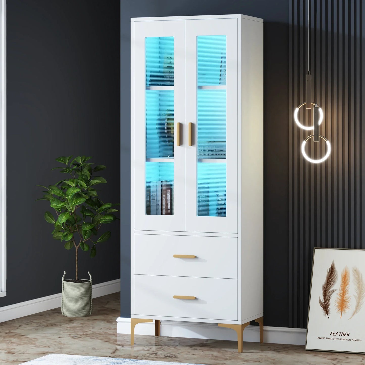 MonoWood Bookcase with LED Light and Doors Bookshelf with Storage Drawers