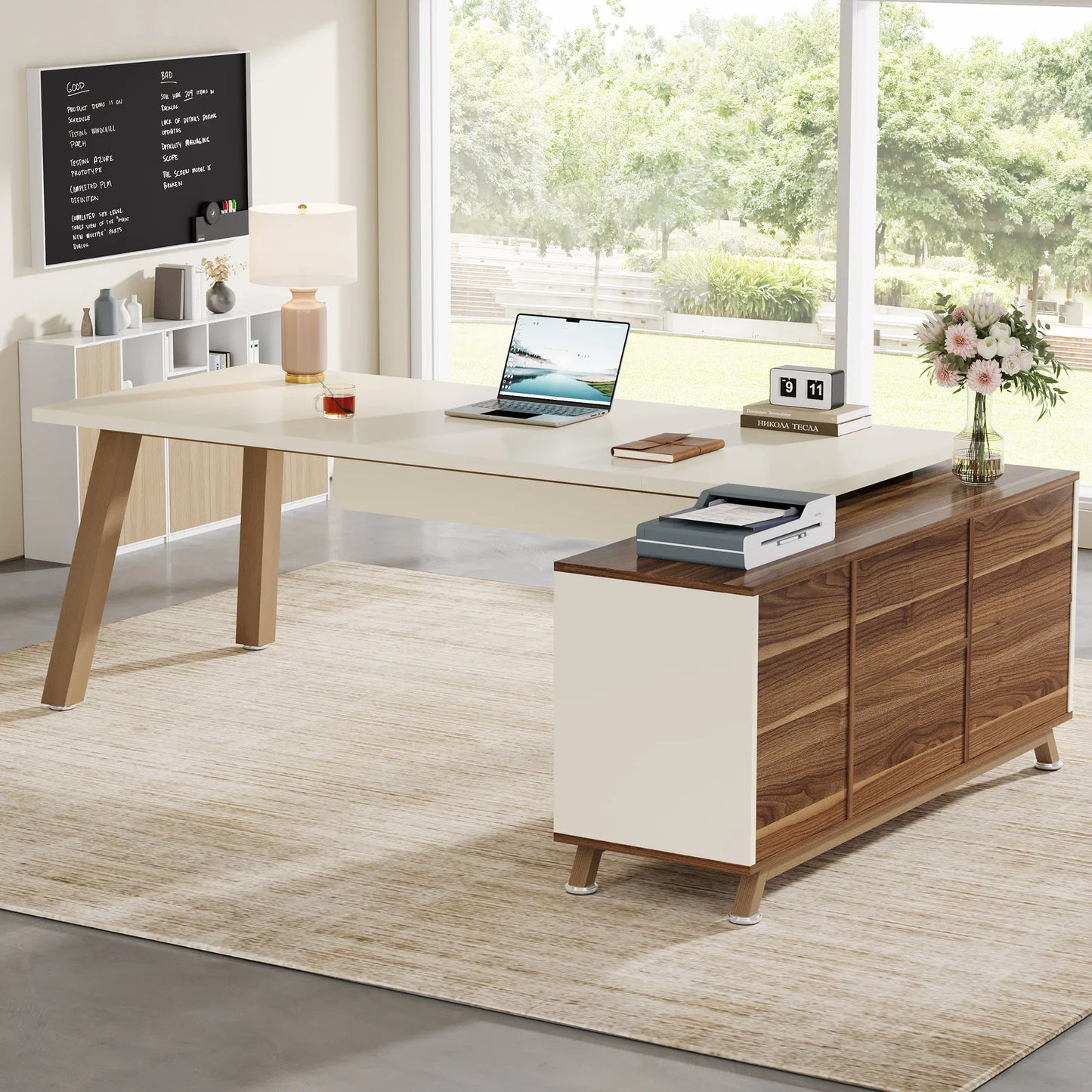 MonoWood 78.7-Inch Executive Desk, L-Shaped Desk with 55-Inch Cabinet, Large Office Desk with Storage Shelves