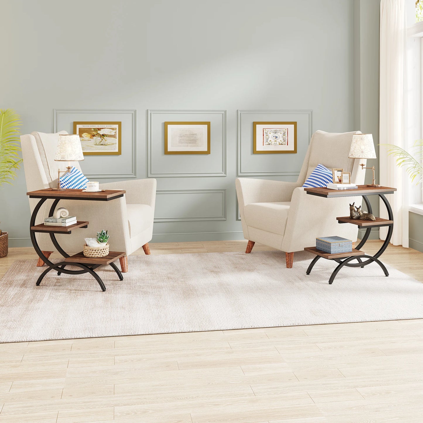 MonoWood C-Shaped End Table, Industrial 3-Tier Small Table for Couch, Wood Bedside Table Snack Table with Storage Shelves