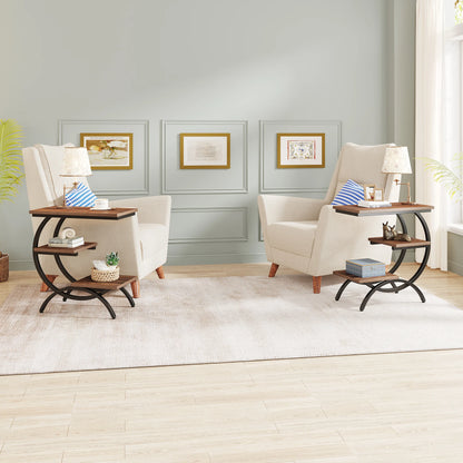 MonoWood C-Shaped End Table, Industrial 3-Tier Small Table for Couch, Wood Bedside Table Snack Table with Storage Shelves