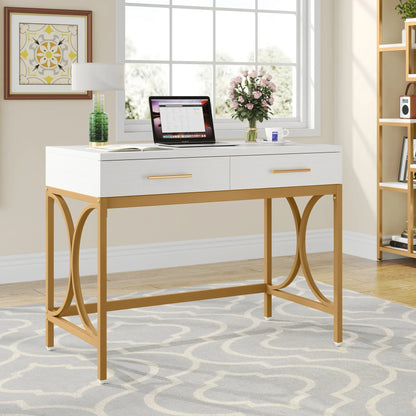 MonoWood 41" Gold Computer Desk with 2 Drawers, Writing Office Desk Modern Makeup Vanity Table Office Desk with Geometric Meta