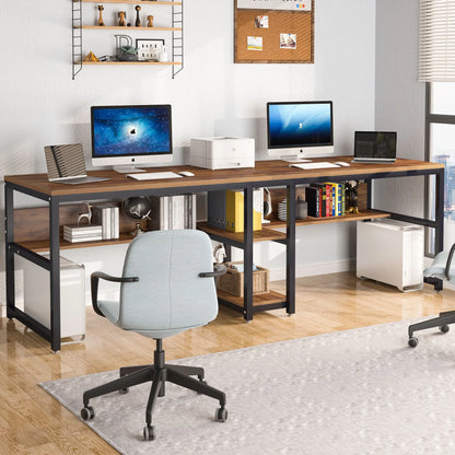 MonoWood Two Person Desk with Bookshelf, 78.7 Computer Office Double Desk for Two Person, Rustic Writing Desk Workstation