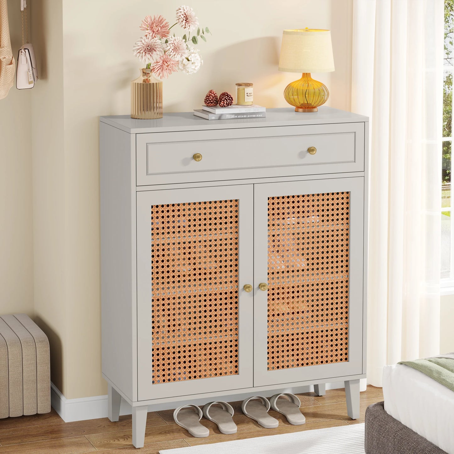 MonoWood Shoe Cabinet with Doors and Drawer, Modern Shoe Storage Cabinet for Entryway, Mint Green Rattan Shoes Cabinet