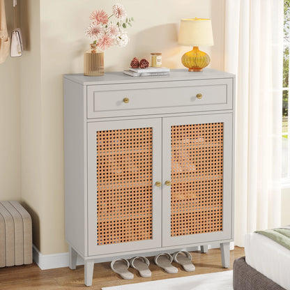 MonoWood Shoe Cabinet with Doors and Drawer, Modern Shoe Storage Cabinet for Entryway, Mint Green Rattan Shoes Cabinet