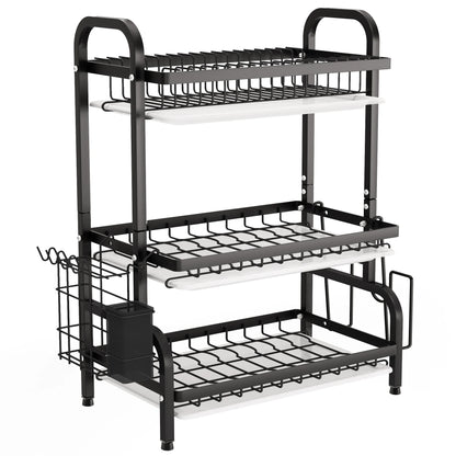 Drying Rack, Metal 3-Tier Large Capacity Dish Rack with Utensil Holder, Cutting Board Holder, Drain Board Tray for Kitchen