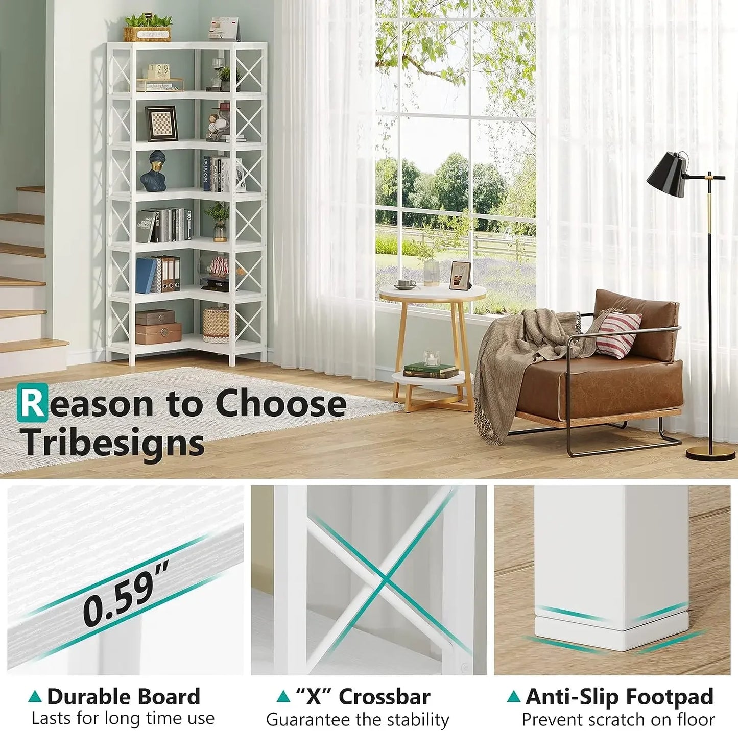 MonoWood WAY TO ORIGIN 7 Shelf Corner Bookcase, Industrial Corner Bookshelf, 7-Tier Tall Corner Shelf Storage Display Rack