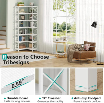 MonoWood WAY TO ORIGIN 7 Shelf Corner Bookcase, Industrial Corner Bookshelf, 7-Tier Tall Corner Shelf Storage Display Rack