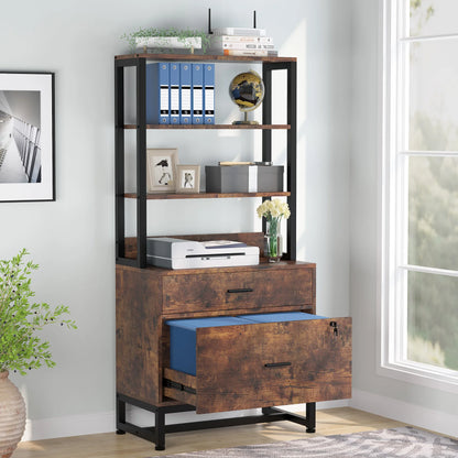 MonoWood 2 Drawer Vertical File Cabinet with Lock & Bookshelf Large Modern Filing Cabinet Printer Stand