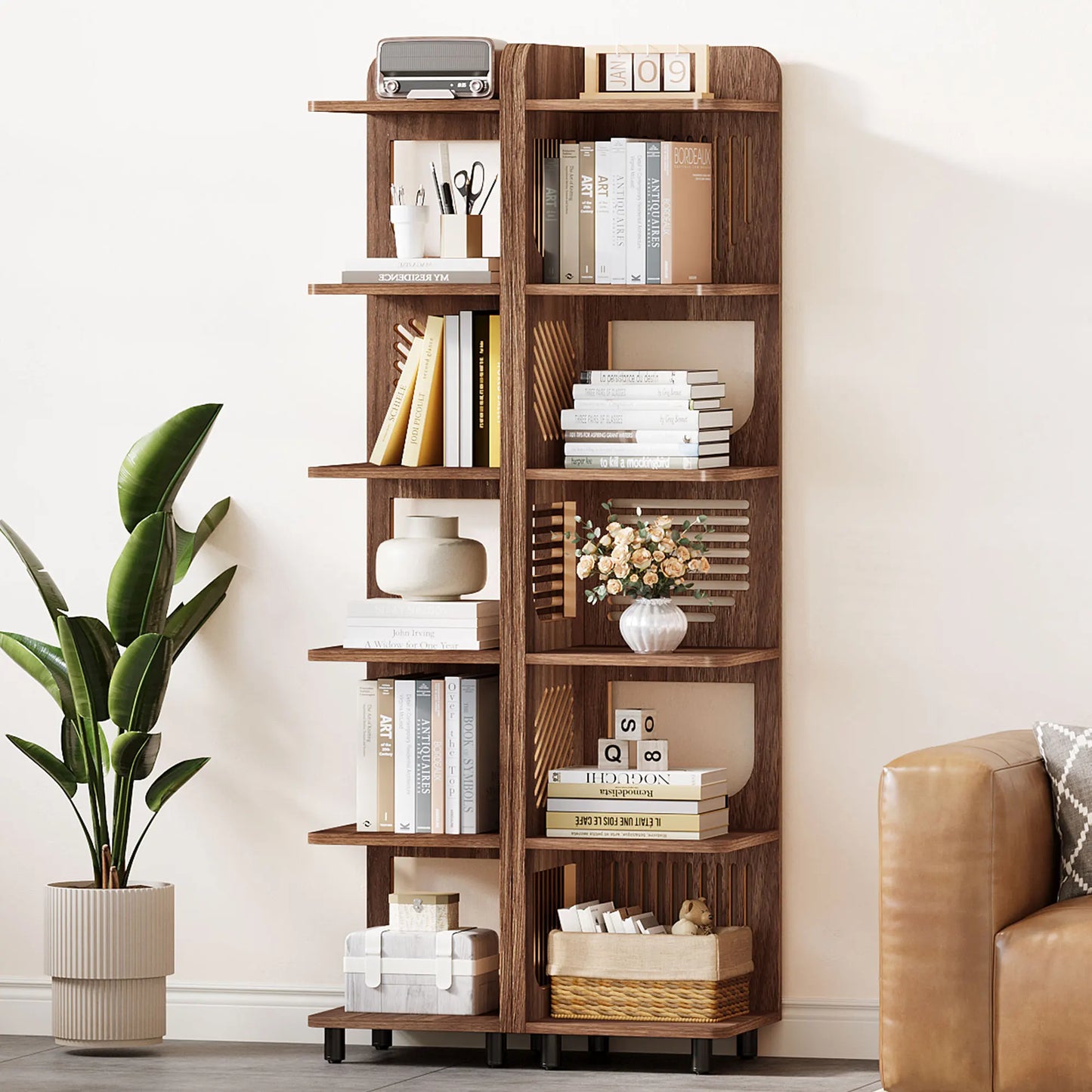 MonoWood 6-Tier Tall Corner Shelf, 71-Inch Rustic Narrow Corner Bookshelf Bookcase with Square Rack, Freestanding Corner Shelf