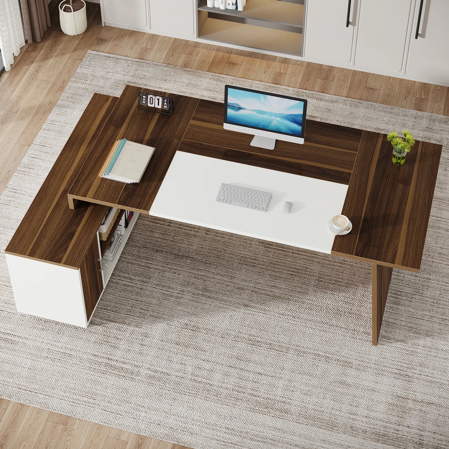 MonoWood L-Shaped Executive Office Desk, 70.5-Inch Mid-Century Modern Executive Desk with Storage Cabinet and Shelves