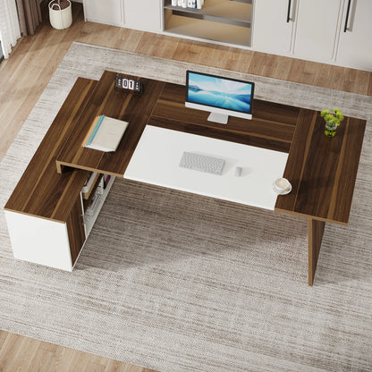 MonoWood L-Shaped Executive Office Desk, 70.5-Inch Mid-Century Modern Executive Desk with Storage Cabinet and Shelves
