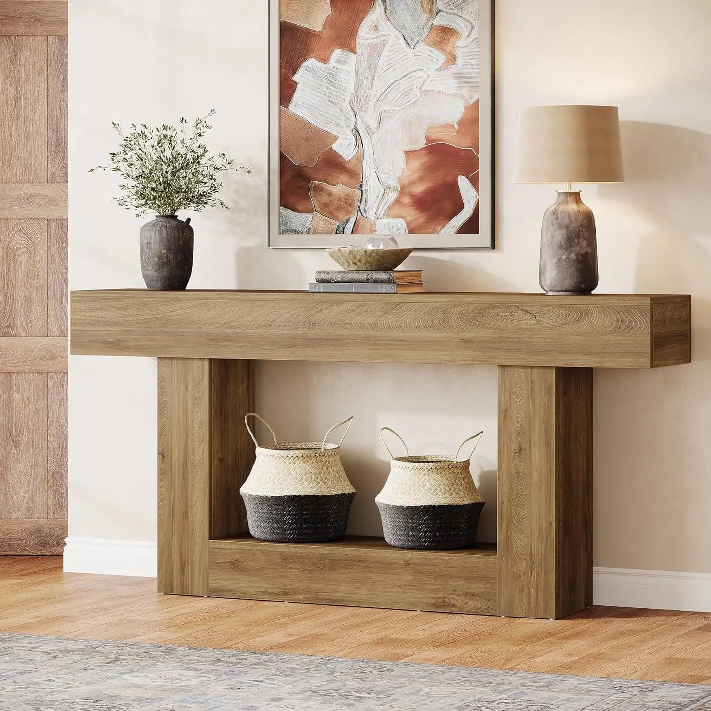 MonoWood 63" Console Table, Farmhouse 2-Tier Entryway Table with U-Shaped Base, Narrow Long Wood Sofa Table Behind Couch Table