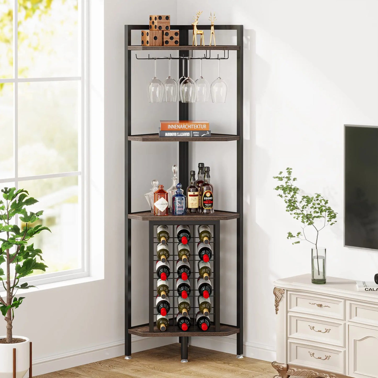 MonoWood Wine Rack Bar Cabinet 4 Tier Corner Shelf with Glass Holder