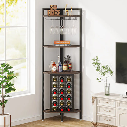 MonoWood Wine Rack Bar Cabinet 4 Tier Corner Shelf with Glass Holder