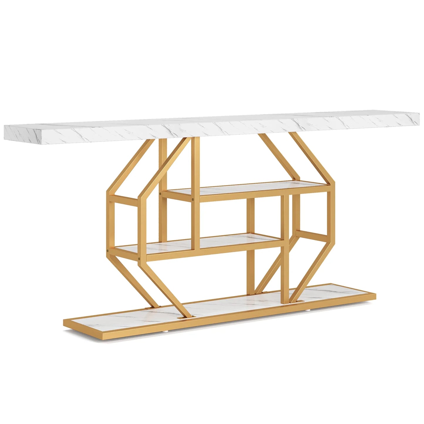 MonoWood 70.9 inch Extra Long Console Table, Modern Gold Sofa Table Behind Couch with Storage, 4 Tier Entryway Accent Table