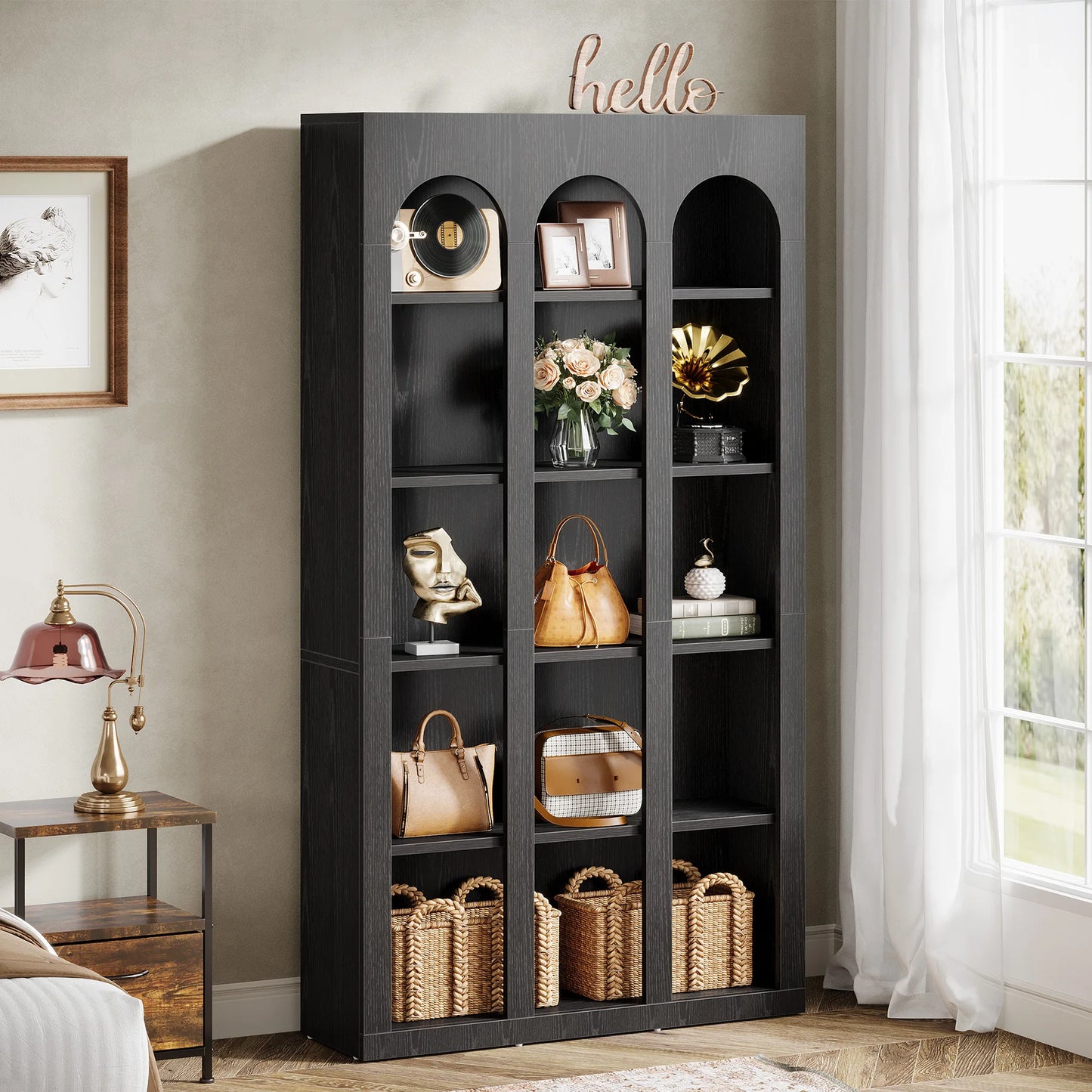 MonoWood70.87" Bookshelf, 5-Tier Arched Display Bookcase with Open Storage Shelves, Vintage Tall Bookshelves Organizer