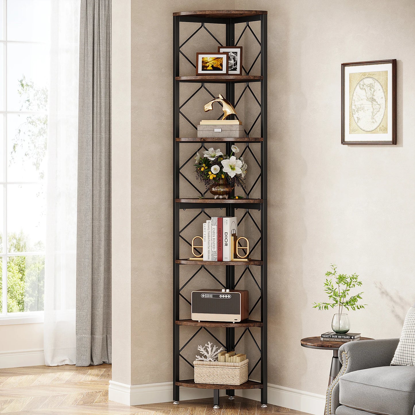 MonoWood 7-Tier Corner Shelf, 78.7” Extra Tall Corner Bookcase, Industrial Slim Corner Bookshelf for Small Narrow Space