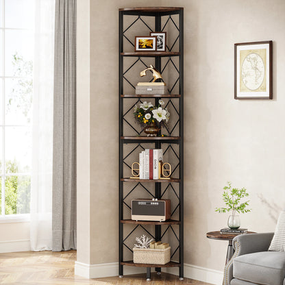 MonoWood 7-Tier Corner Shelf, 78.7” Extra Tall Corner Bookcase, Industrial Slim Corner Bookshelf for Small Narrow Space