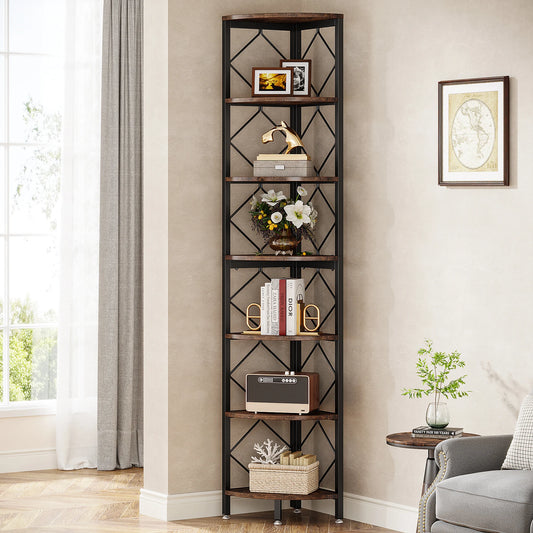 MonoWood 7-Tier Corner Shelf, 78.7” Extra Tall Corner Bookcase, Industrial Slim Corner Bookshelf for Small Narrow Space