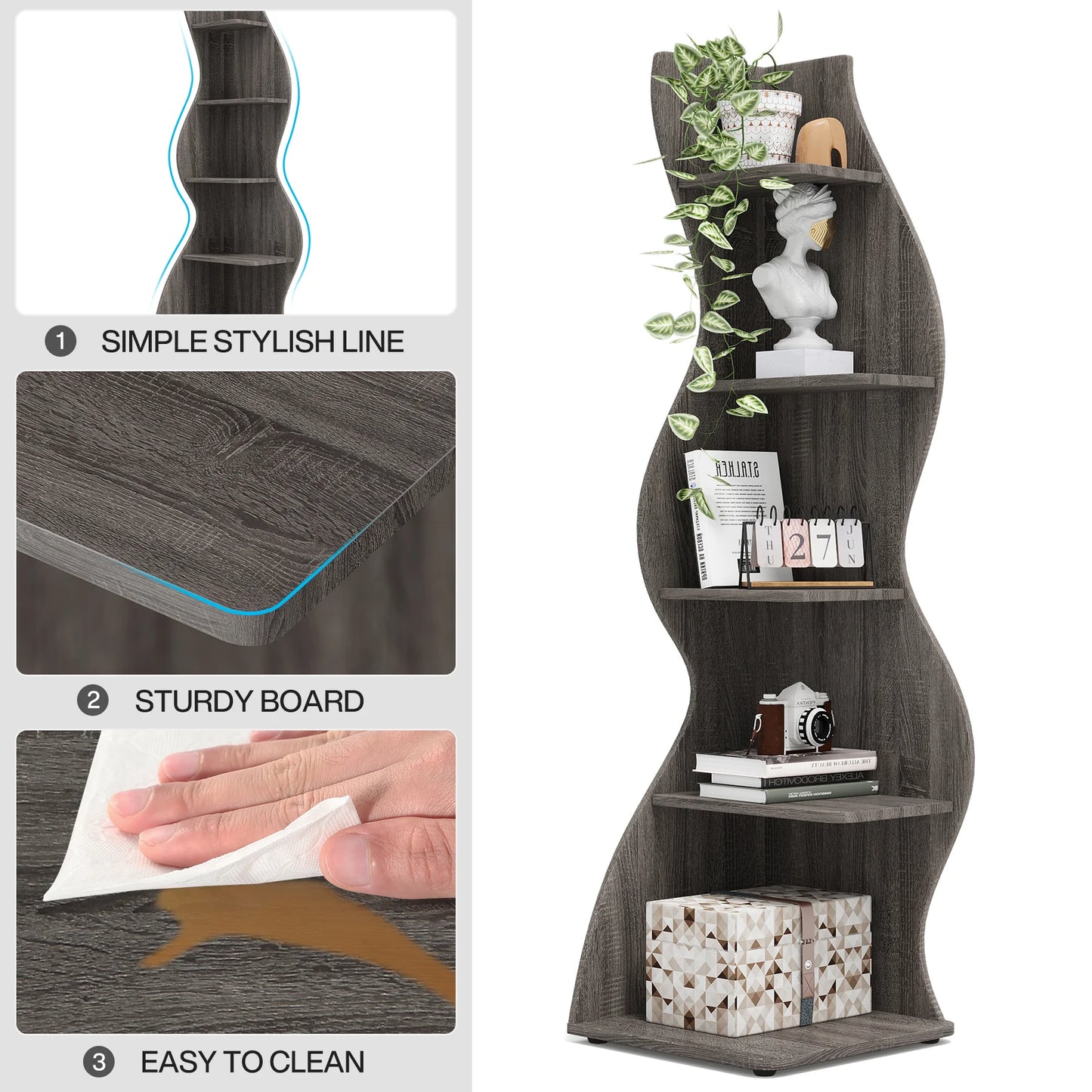 MonoWood Corner Shelf, Modern 5-Tier Wall Corner Bookshelf, Stylish Corner Small Bookcase Storage Rack Plant Stand