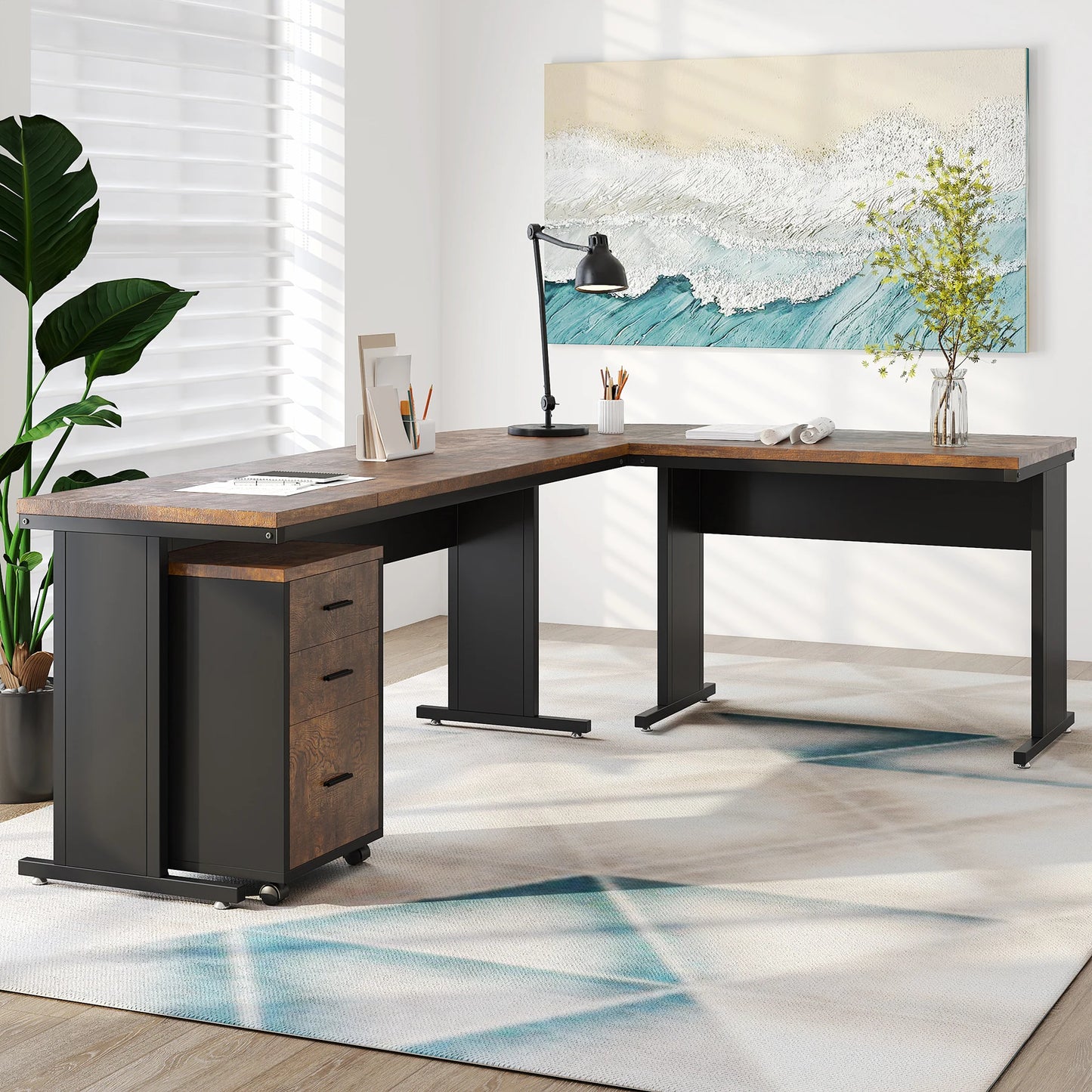 MonoWood L-Shaped Executive Desk, Large Office Desk with 3-Drawer File Cabinet, Industrial Corner Computer Table with Drawers