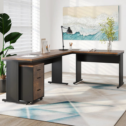 MonoWood L-Shaped Executive Desk, Large Office Desk with 3-Drawer File Cabinet, Industrial Corner Computer Table with Drawers