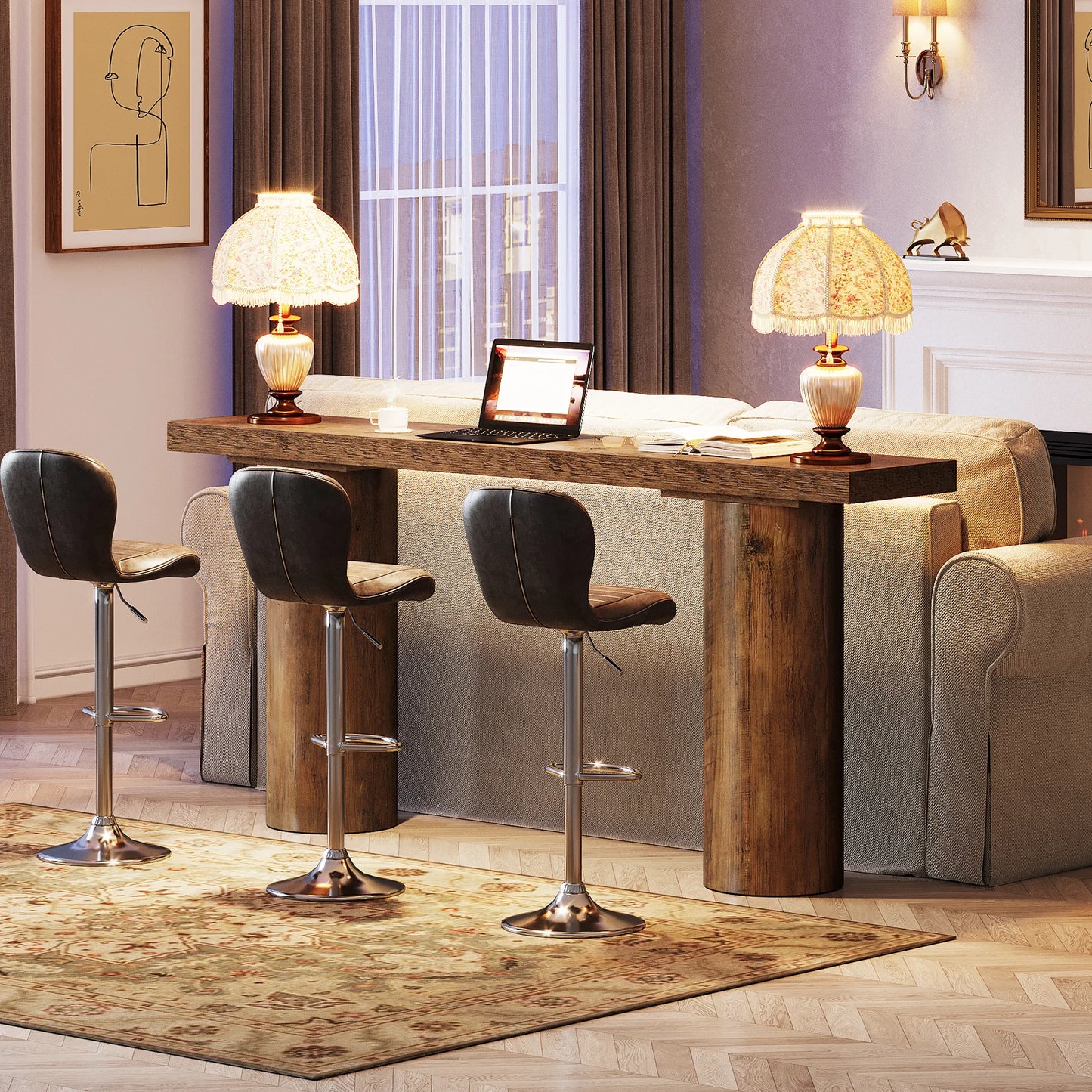 MonoWood 63" Long Bar Table, Rectangle Kitchen Counter Height Table with Pillar Legs, Narrow Bar Height Pub Table Behind Couch