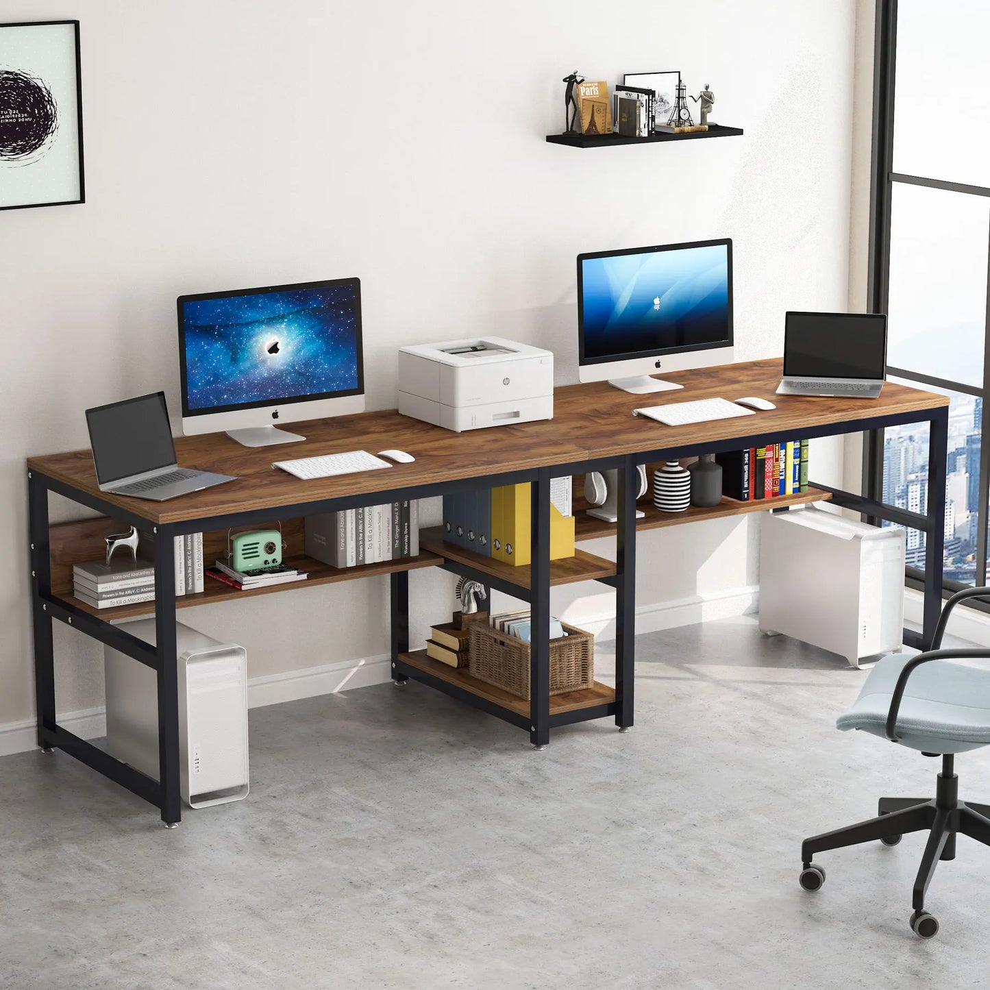 MonoWood Two Person Desk with Bookshelf, 78.7 Computer Office Double Desk for Two Person, Rustic Writing Desk Workstation
