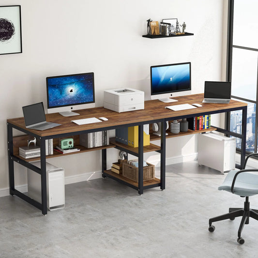 MonoWood Two Person Desk with Bookshelf, 78.7 Computer Office Double Desk for Two Person, Rustic Writing Desk Workstation