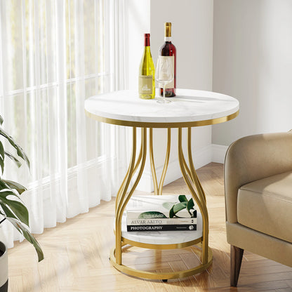 MonoWood 2-Tier End Table Round Side Table White Gold, Modern Bedside Table Small Side Table with Storage for Couch