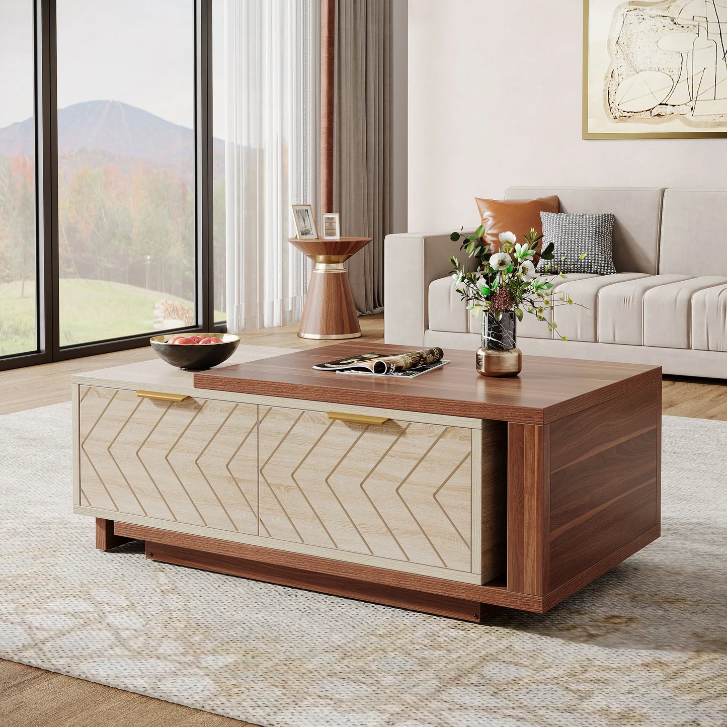 MonoWood Extendable Coffee Table, 42"-65" Length Adjustable Reversible Wood Coffee Table with 2 Storage Drawers
