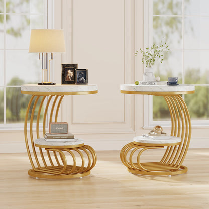 MonoWood Gold Round End Table: 2 Tiers Faux Marble Side Table with Storage Shelf, Modern White Gold Bedside Nightstand