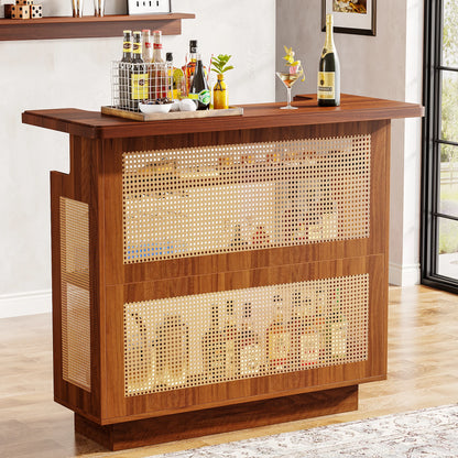 MonoWood Rattan Home Bar Unit, Farmhouse 4-Tier Bar Table with 4 Stemware Racks and Heightened Base, Liquor Wine Bar Cabinet